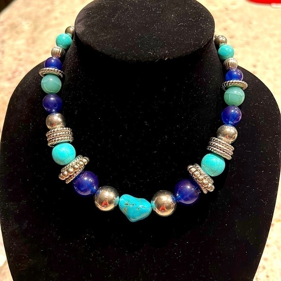 Faux Turquoise bib necklace with oversized beads, fashion necklace 8”+3”extender - Picture 2 of 10